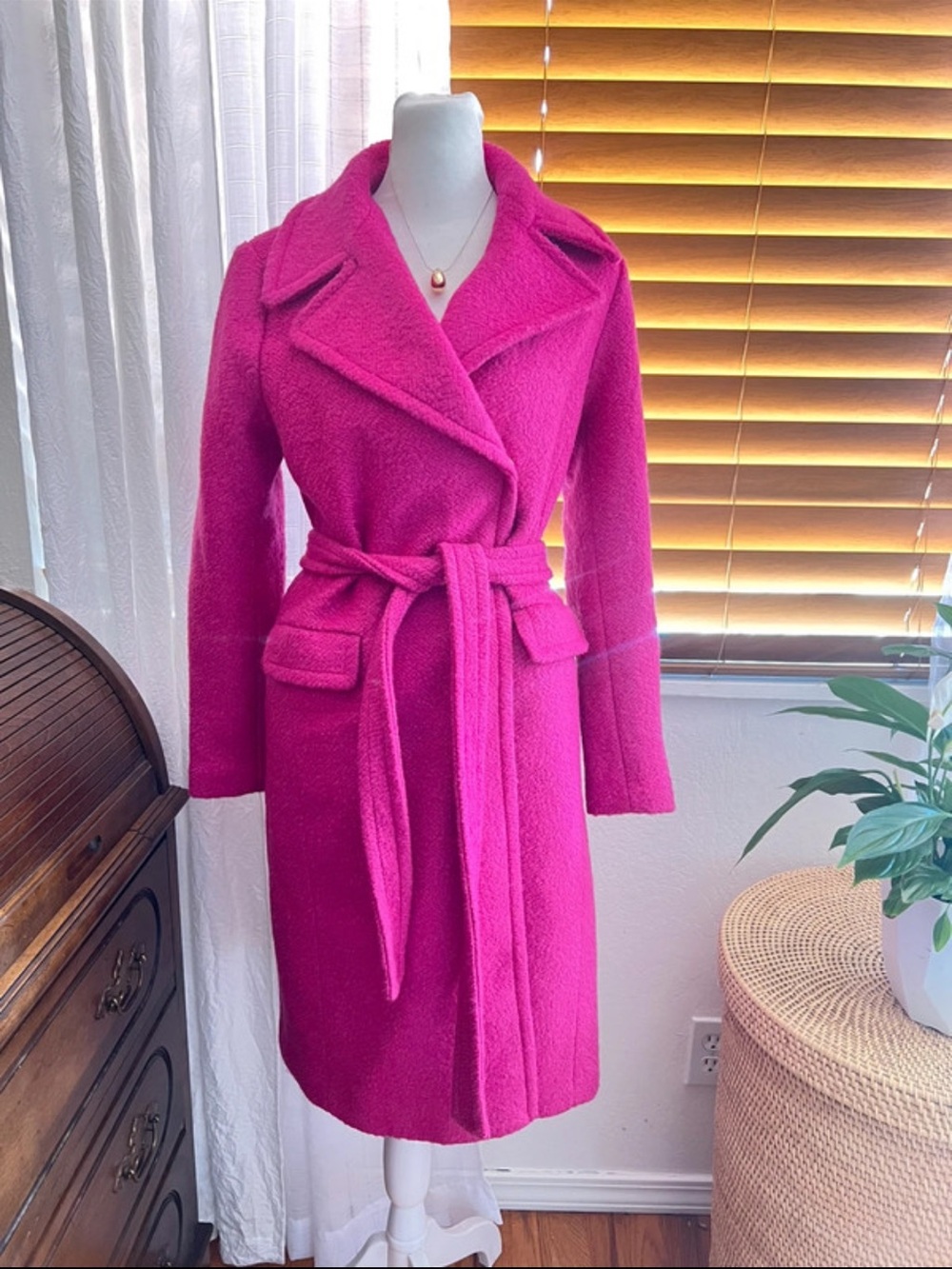 Ann Taylor Vibrant Hot Pink Belted Wool Trench Coat